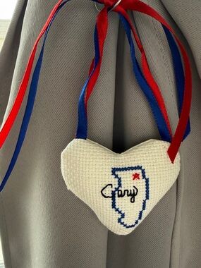 Vintage Handmade Cross Stitch Heart Ornament with Red Blue Ribbons Cary Illinois
